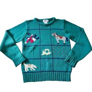 Vintage 80's Teal Equestrian Animal Motif Sweater. Sz. 38 (XS)
